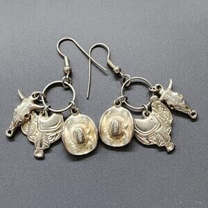Cowboy Western Theme Silver Tone Dangle Earrings Cowboy Hat Saddle American West